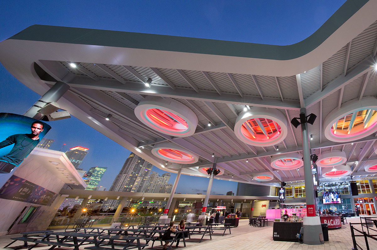 Architectural dusk view of the of the FTX Arena terrace in Miami, FL.